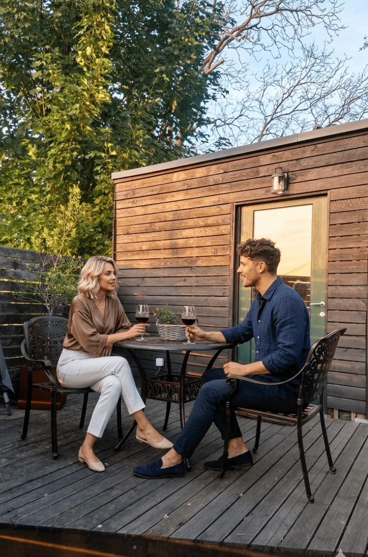 Terrasse privée du lodge Temps 1solite pour un moment de détente à deux près des Ardennes belges